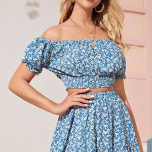 Blue Flower off the Shoulder Crop Top